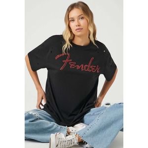 Fender Rhinestone Logo Distressed Tee Tshirt NWT